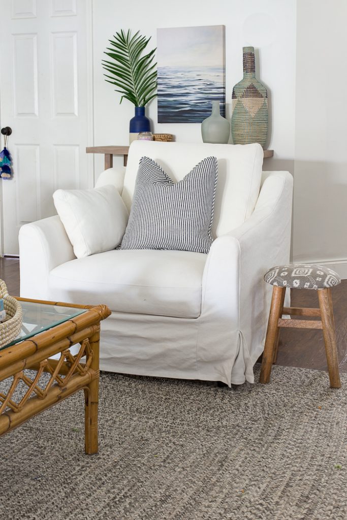 These classic coastal slipcovered chairs are from IKEA and are gorgeous! IKEA Farlov slipcovered chairs