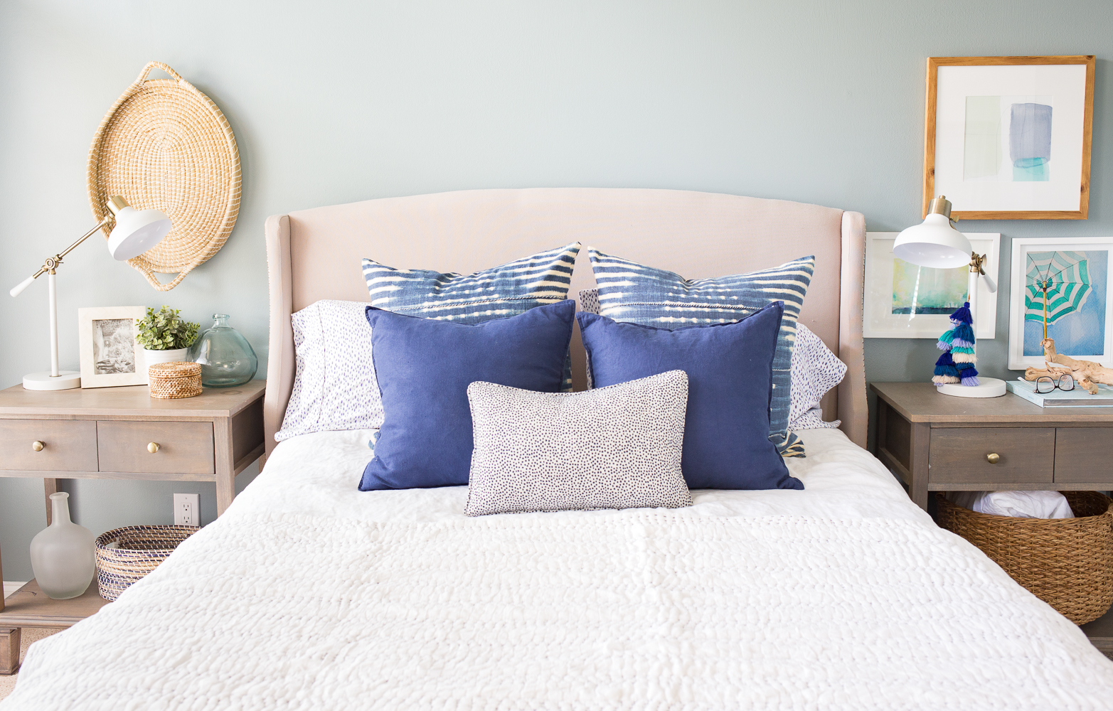 Master Bedroom Refresh - changing the look of the bedroom with paint - paint color is Benjamin Moore Cloudy Sky