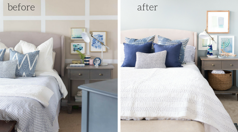 Master Bedroom Refresh - changing the look of the bedroom with paint - paint color is Benjamin Moore Cloudy Sky