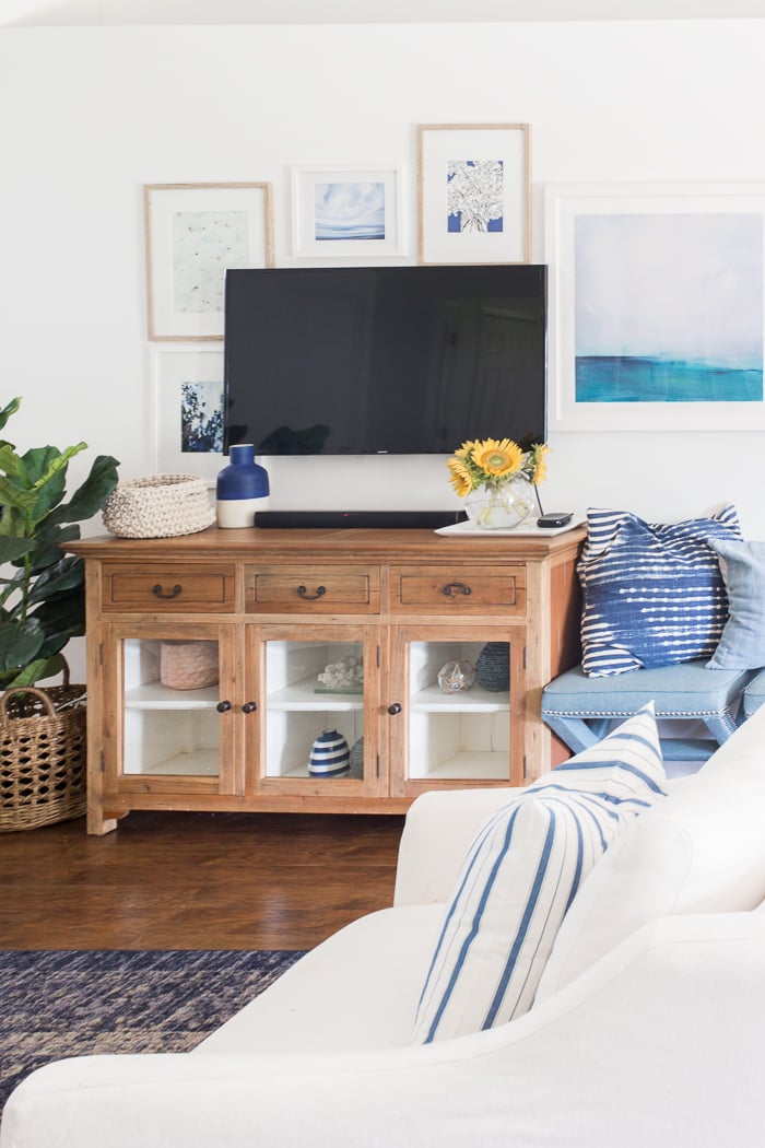 Coastal inspired gallery wall around TV