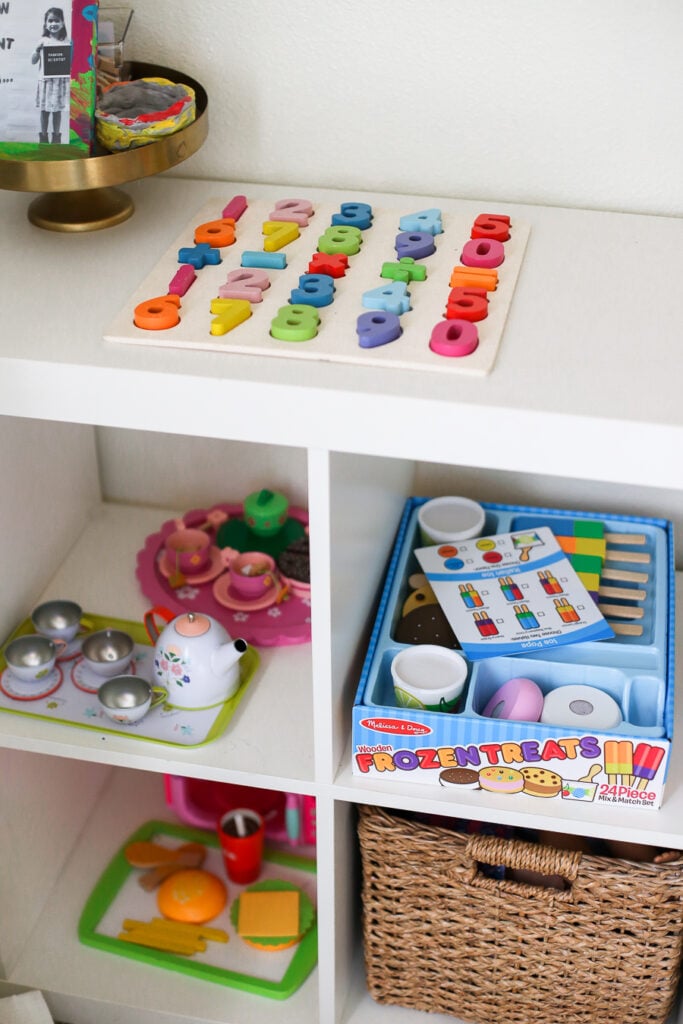 Kids playroom ideas - cubby organizer as a play food station.