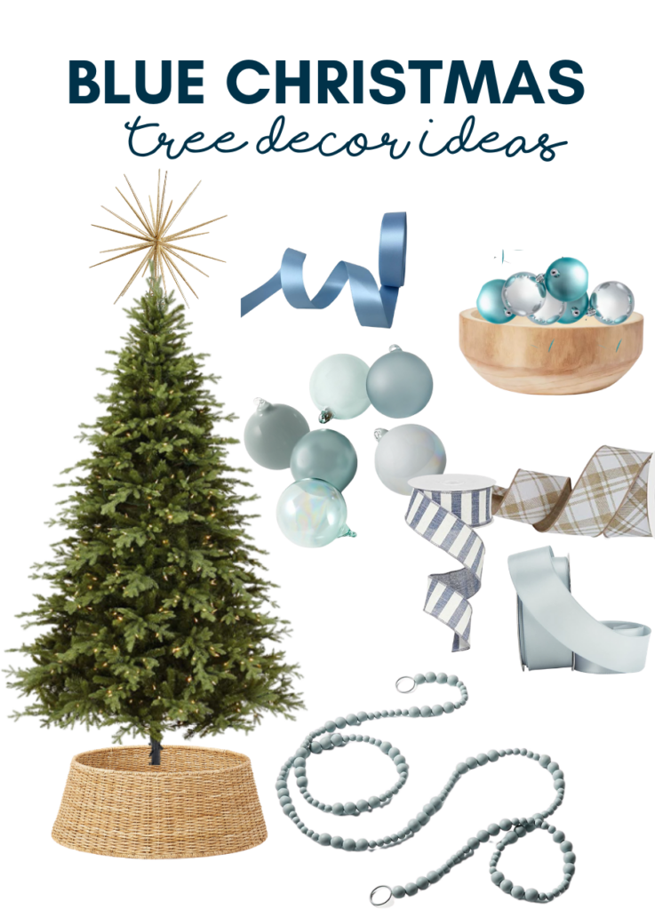 Blue Christmas tree decorating ideas - green tree with blue and white ornaments and ribbons