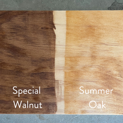 Examples of special walnut wood stain and summer oak wood stain on a piece of pine board