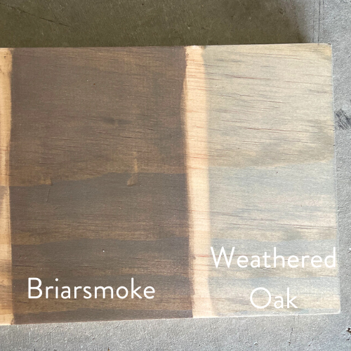 Examples of Briarsmoke wood stain and weathered oak wood stain on a piece of pine board