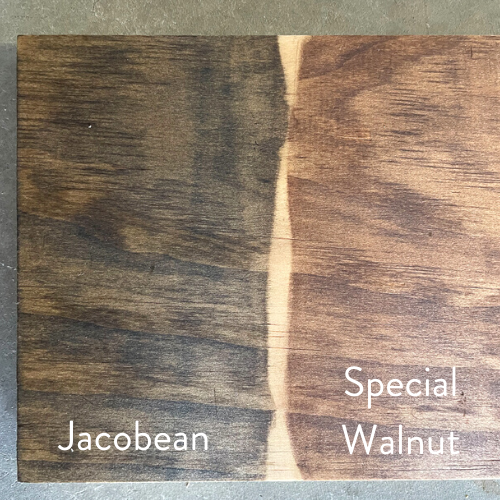 Examples of Jacobean wood stain and special walnut wood stain on a piece of pine board