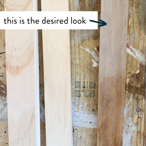 Combination of wood stains - unfinished wood and a light brown wood stain on a work bench.