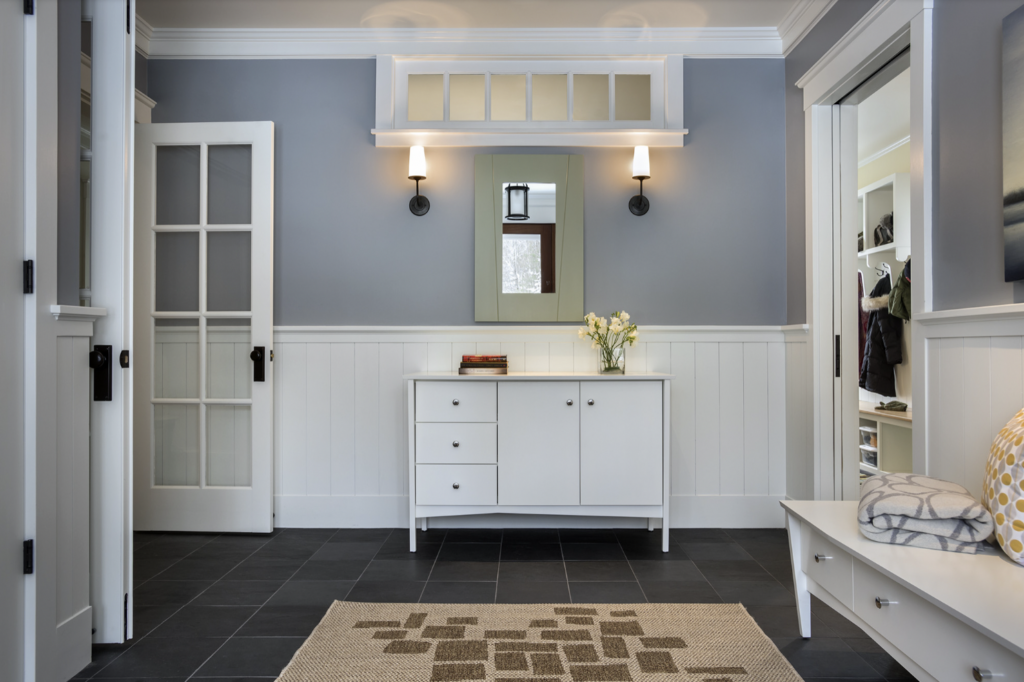 Sherwin Williams Morning Fog entryway bluish gray paint color