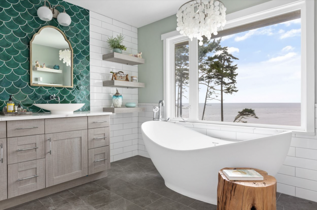 mermaid bathroom - green scalloped tile wall with big bathroom picture window