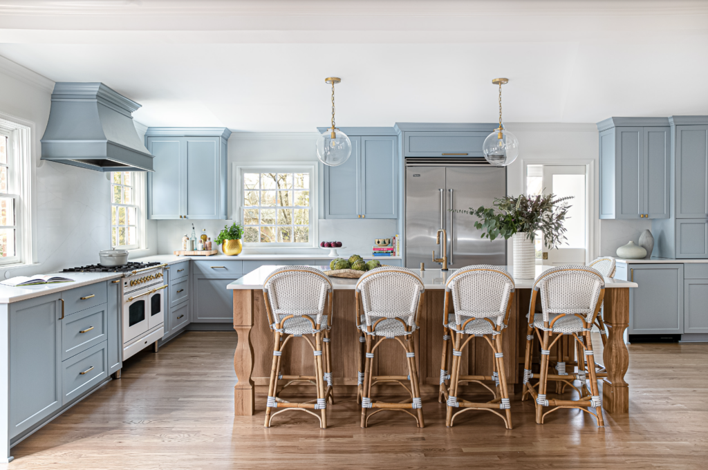 Parma Gray blue painted kitchen cabinets