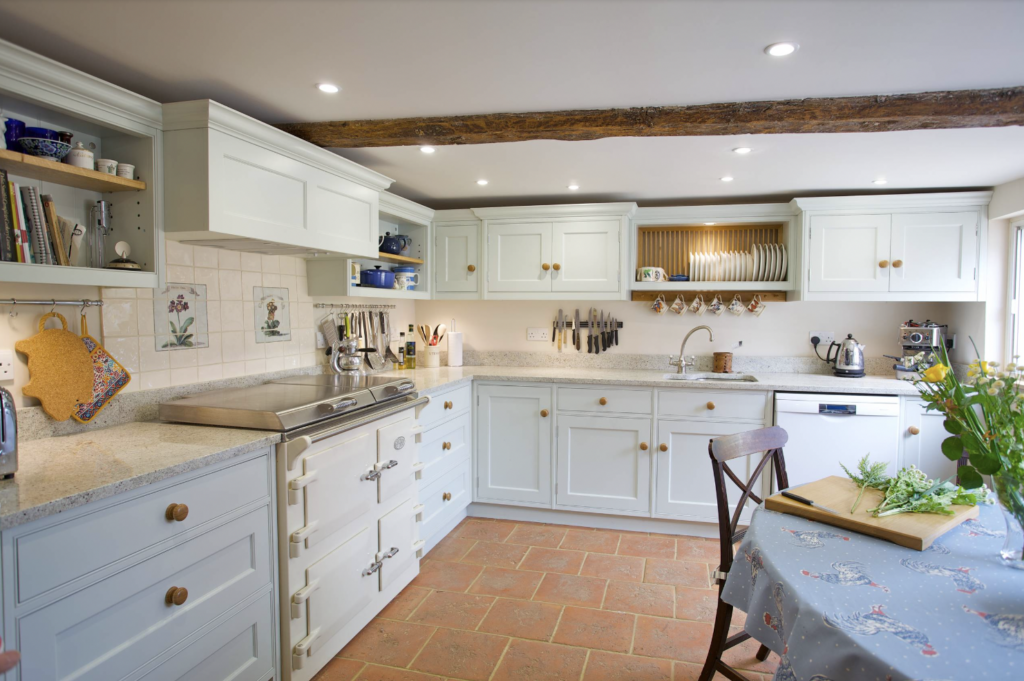 Soft pale blue kitchen cabinets