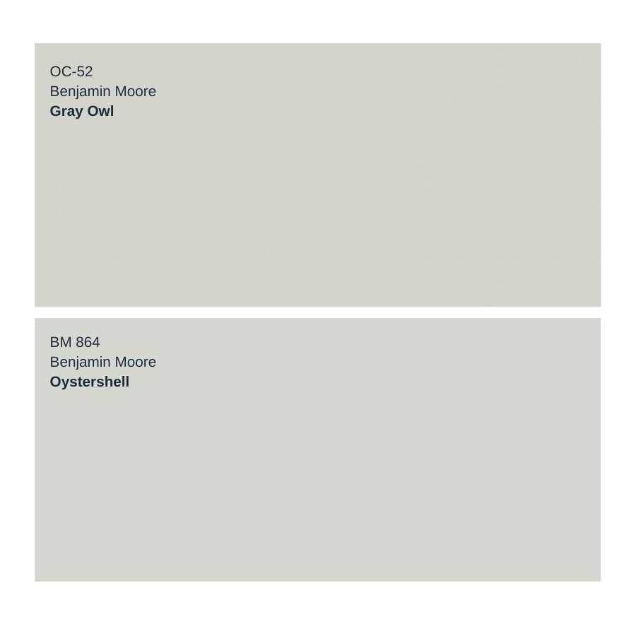 Benjamin Moore Gray Owl and Benjamin Moore Oystershell two beautiful light grays