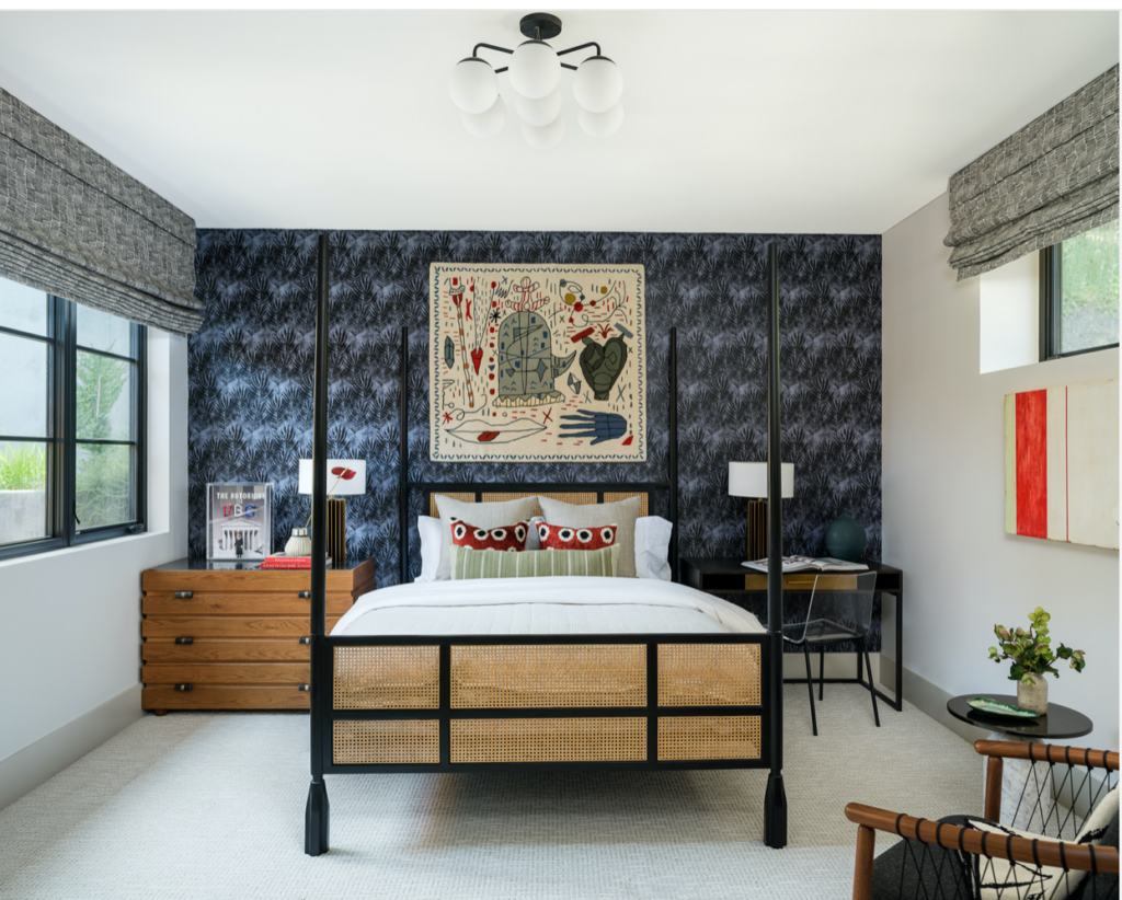 Navy blue wallpaper accent wall