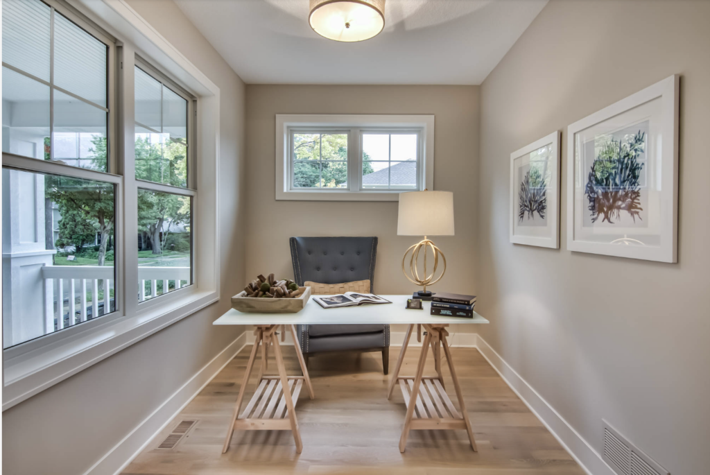 cozy home office painted Benjamin Moore Pale Oak