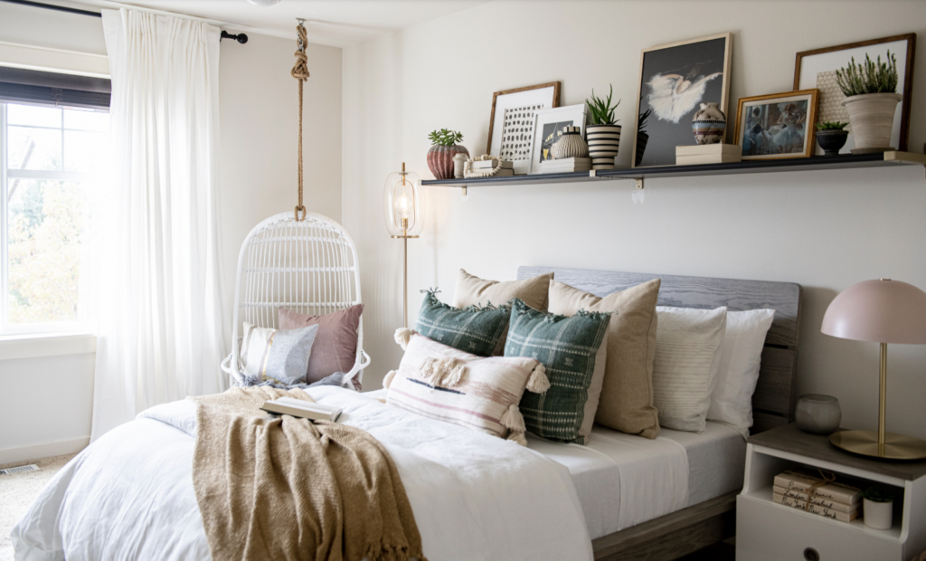 picture shelf as above the bed wall decor ideas