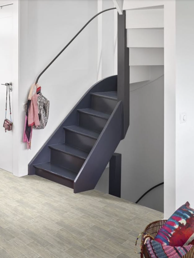 Blue painted stair treads in an entryway to a home.