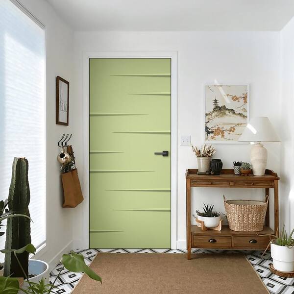 Bright green painted living room interior door with white walls a mosaic tiles.