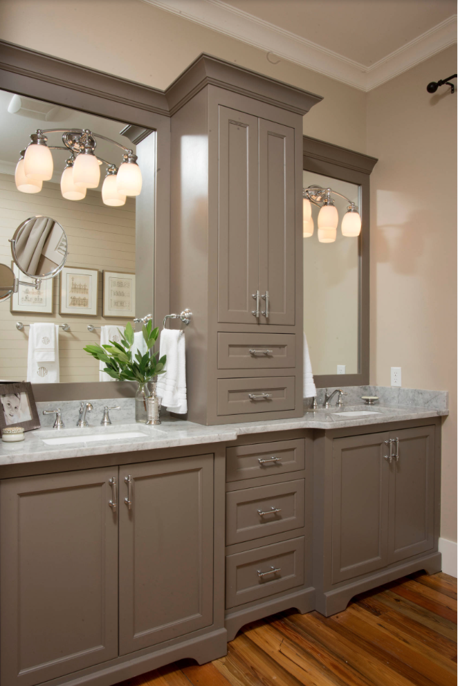 Bathroom vanity painted using a medium gray paint color.